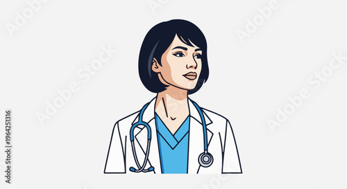 Illustration of a female medical professional wearing a white coat and stethoscope