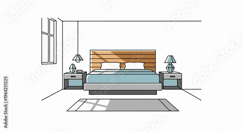 Minimalist bedroom with wooden headboard, blue bedding, and geometric lamps