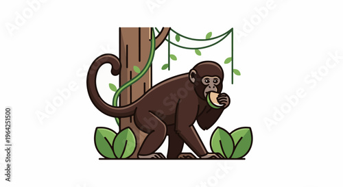 A brown monkey with a curved tail eats a piece of fruit by a tree
