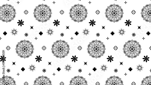 エスニックな曼荼羅と花のモチーフをあしらったモノクロの幾何学模様パターン背景