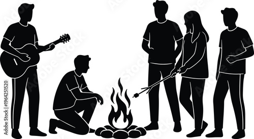 Group of friends silhouette around campfire with guitar, people roasting marshmallows at night, camping outdoor adventure vector illustration, isolated graphic