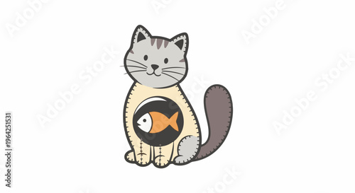 A cartoon cat with a cut-out belly showing a fish