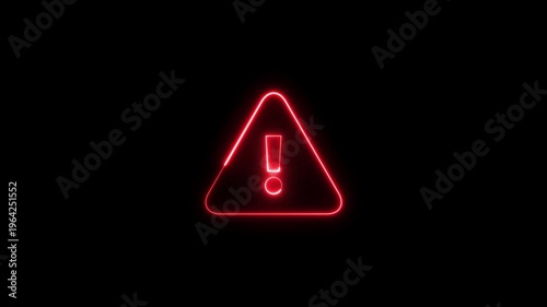 Glowing neon Warning attention icon signal , alert , risk , safety, danger road warning sign animated 4k vide on on black background, danger risk alert road warning sign stop error signal sign