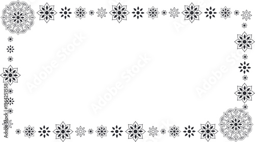 マンダラと花のモチーフをあしらったエスニックなモノクロ装飾長方形フレーム