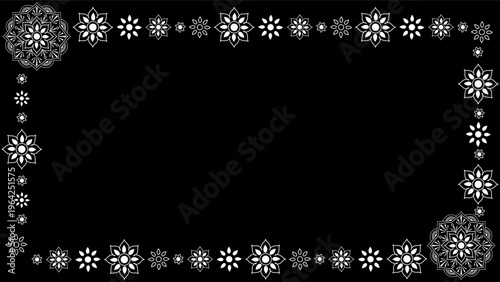 黒背景に白抜きのマンダラと花が輝く幻想的なエスニック装飾フレーム