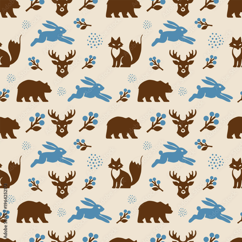 Obraz premium Scandinavian style seamless flat design graphic featuring forest animals berries and oak leaves on a beige background for textile and wallpaper print.
