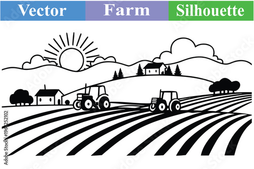 Rural farm landscape vector illustration with tractors plowing fields, farmhouse, and rising sun in minimalist black silhouette style