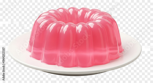 A vibrant pink gelatin dessert presented on a white plate on transparent background