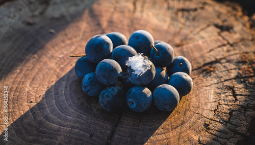 Dark Blue Sloes with Frost on a Rustic Wooden Tree Stump in Warm Light