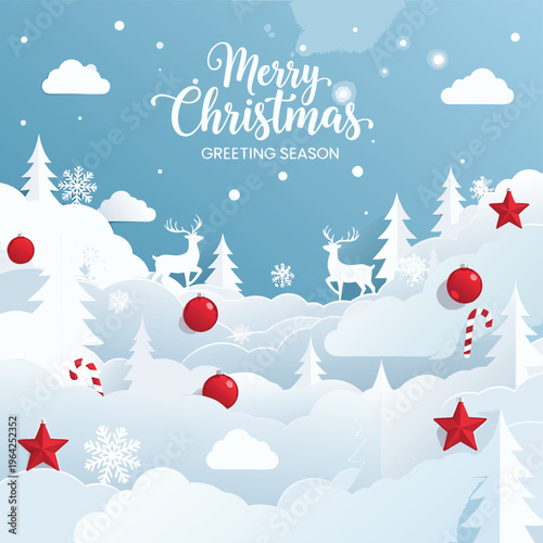 Adobe Illustrator AMerry christmas greeting card with paper cut style landscape, white deer, pine trees, snowflakes, red ornaments, stars and candy canes on blue backgroundrtwork
