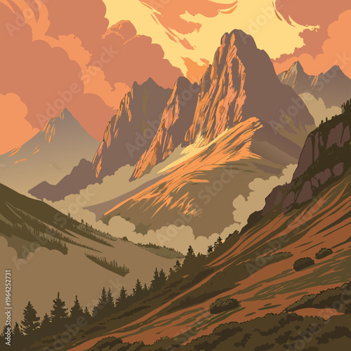 misty mountains at sunrise golden light hitting 