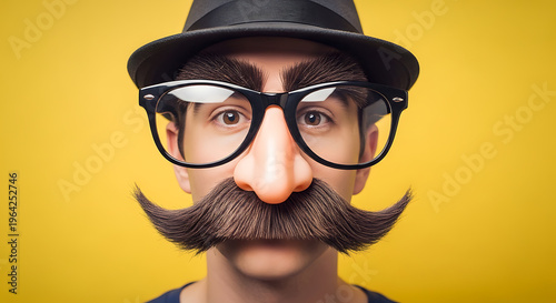 Close up of a man wearing oversized novelty glasses and mustache on transparent background