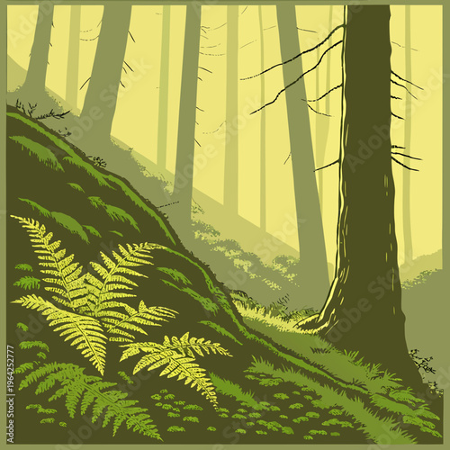 a lush ancient forest at dawn with golden sunbea