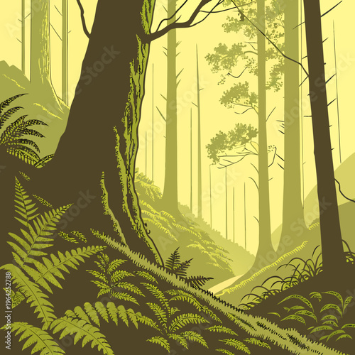 a lush ancient forest at dawn with golden sunbe 2