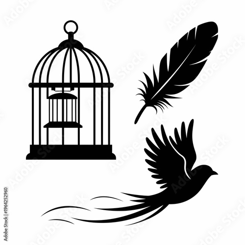 Elegant birdcage with a feather and flying bird illustration isolated on white background, Vector, illustration