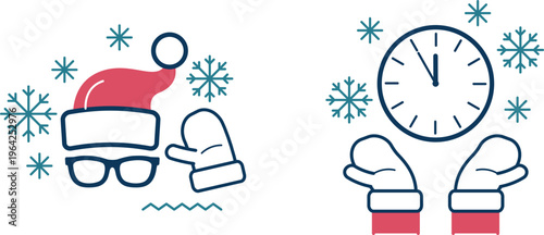 Santa falling asleep next to a clock with mittens holding it up