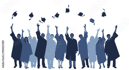 Graduation celebration Diverse group of jubilant students tossing graduation caps in the air, expressing excitement and achievement