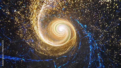 Swirling golden spiral galaxy with blue stars scattered on dark background, luminous spiral center and sparkling particles, concept of astrophysics and cosmic origins