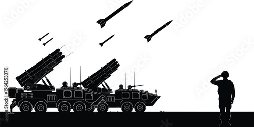 Military vehicles silhouettes, missile launchers, soldier saluting, defense technology, army operation, war concept, horizon landscape, combat illustration, black artwork design