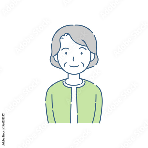 シニア女性のやさしい笑顔のシンプルイラスト グリーングレー配色