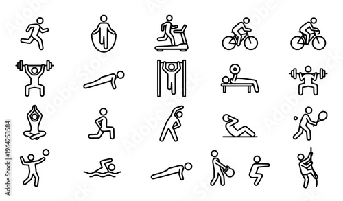 Modern fitness pictogram collection with stickman workout training and cardio activities black and white vector