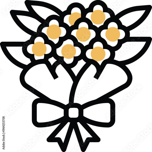 Beautiful flower bouquet icon with yellow blossoms and ribbon bow flat vector illustration for gift and celebration design