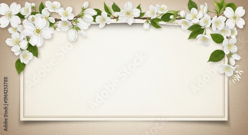 Floral frame with white blossoms and green leaves on a blank cream background