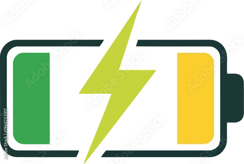 Battery indicator with lightning symbol, showing energy level and charging status, dark gray border with green and yellow segments