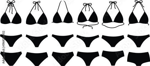 Cuadro en lienzo Black Vector Bikini Icons Set Featuring Various Halter Tops and Swimsuit Bottoms