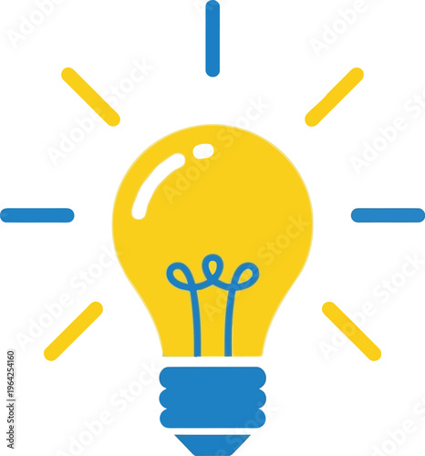 Bright yellow light bulb with blue filament and rays of light on grey background symbolizing bright idea.