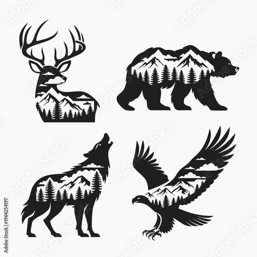 Vintage wilderness animal silhouettes with double exposure mountain landscapes, rustic forest wildlife vector set of 4 icons, black and white nature graphics