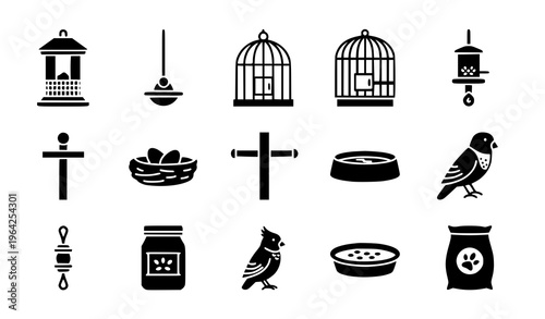 Bird Care Accessories Icon Set Feeder Cage Nest Perch Vector