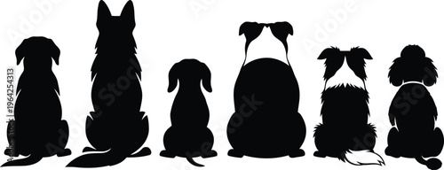 Collection of six dog silhouettes seen from behind showing different breeds and sizes sitting together in a row