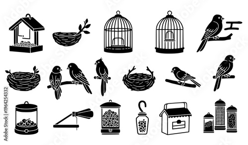 Decorative Bird Care Accessories Icon Set Pet Bird Vector Design