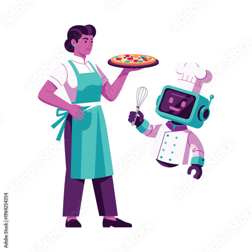 Chef Robot and Human Woman with Pizza, Kitchen Collaboration
