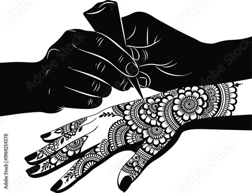 Black and white of hands applying intricate henna to a forearm mehndi application pattern