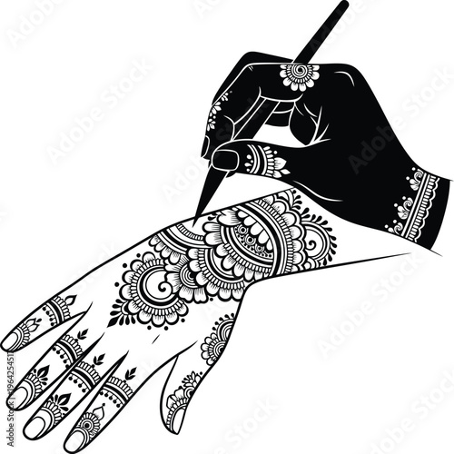 Black silhouette of a hand applying intricate henna to another hand application white