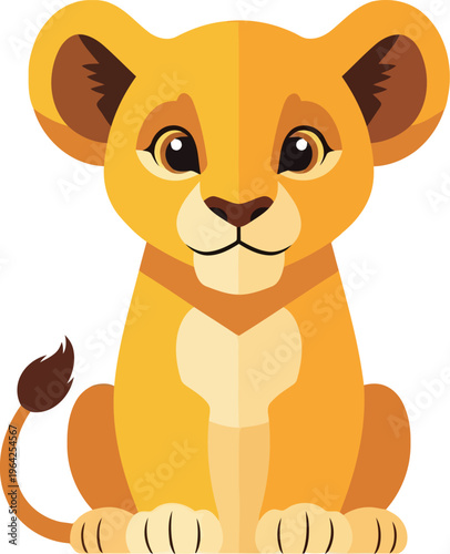 Adorable lion cub sitting, cute big cat, golden fur, innocent expression, savanna animal, isolated on transparent background, cartoon style vector
