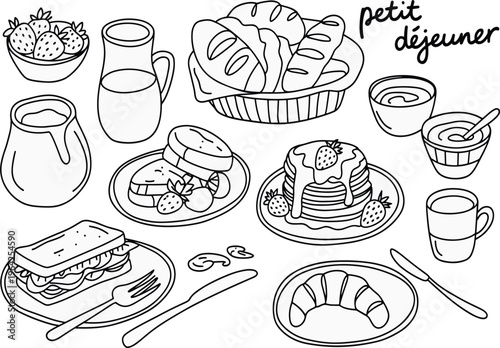 French breakfast petit dejeuner vector collection, hand drawn doodle set with croissants, pancakes, and coffee, isolated on white