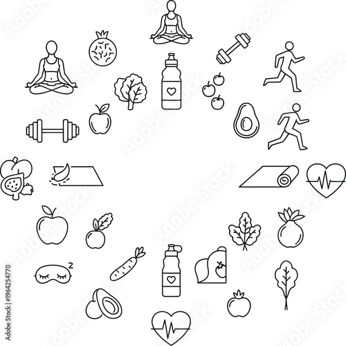 Collection of black line representing healthy lifestyle wellness fitness yoga meditation