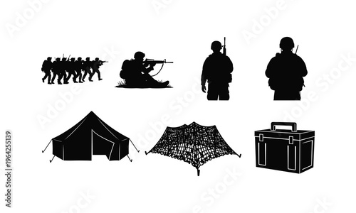 Army camp silhouette vector illustration soldiers patrol with tent camouflage net and crate