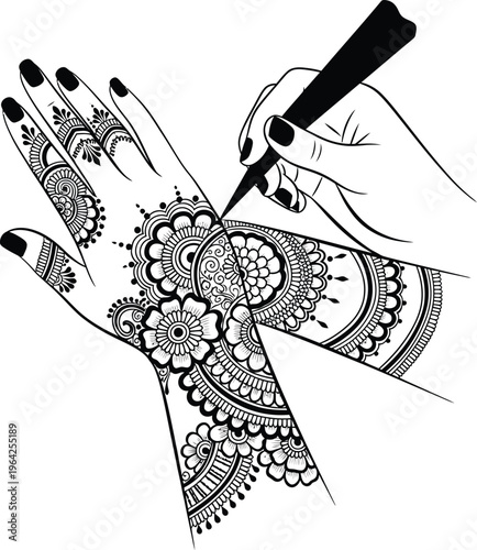 Hand with intricate henna being applied by a cone mehndi application