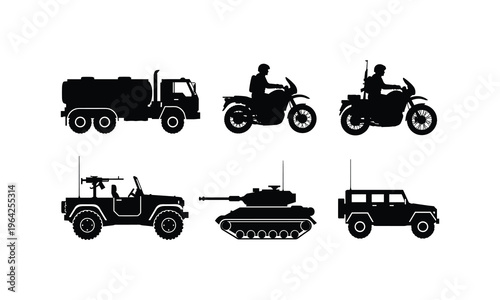 Military vehicle silhouette vector illustration army tank truck jeep and motorcycle collection
