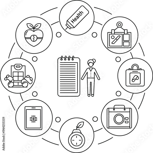Medical health arranged in a circle around a person and notepad healthcare diagram