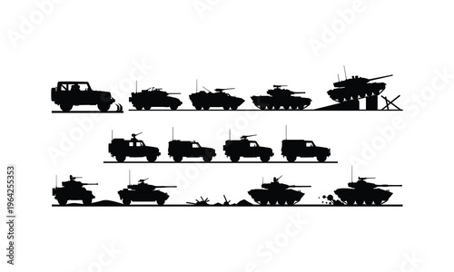 Military vehicles vector silhouette illustration set, army transport line art collection
