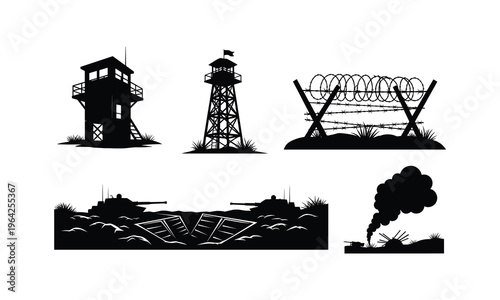 Military watchtowers and defense elements vector silhouette illustration, army line art