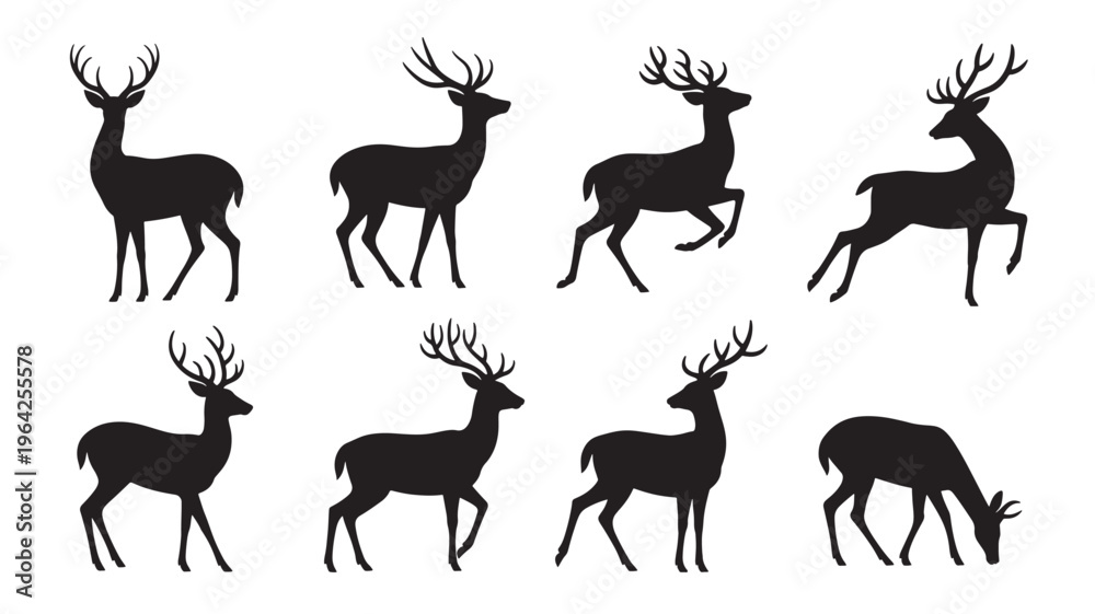 Fototapeta premium Deer silhouette vector set with different poses