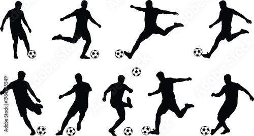 Soccer player silhouettes, dribbling action, kicking ball, athletic movement, sports illustration, football poses, dynamic motion, black artwork design