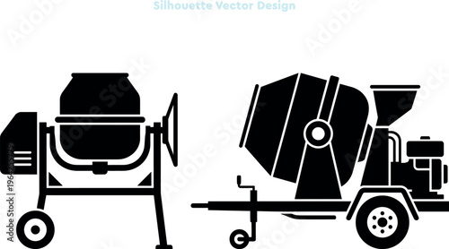 Silhouette set of portable concrete mixers and cement machines. Vector set of industrial construction equipment and building tools. Site machinery. Professional vector illustration
