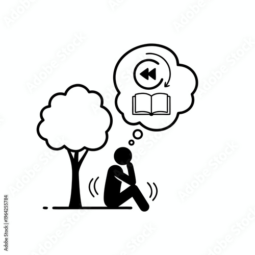 Pictogram of Person Sitting under Tree Thinking about Rewinding the Past with Book Symbol